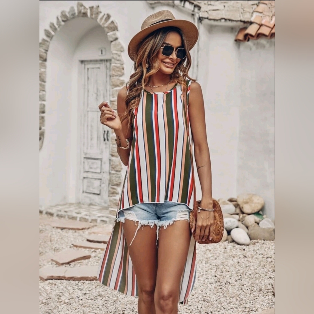 Blocked Stripe High Low Hem Blouse